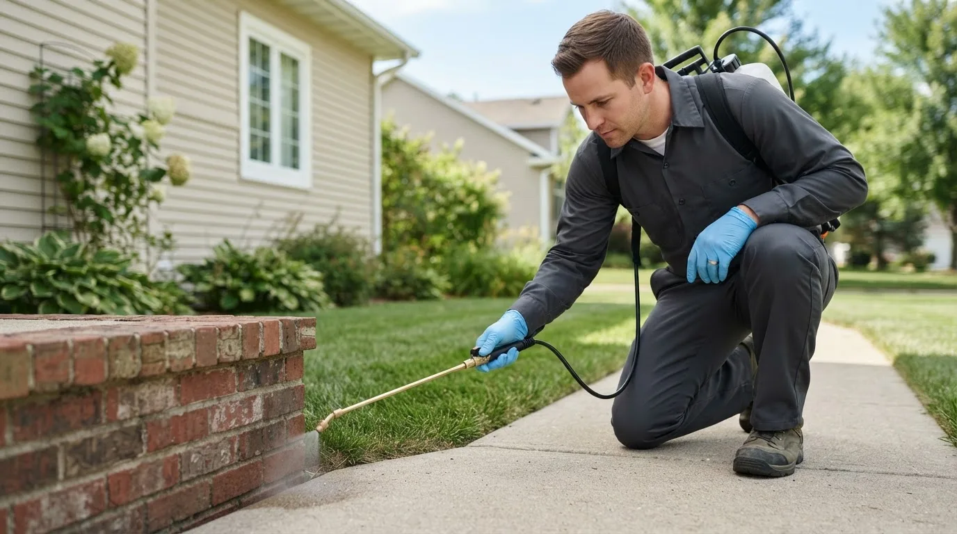 Pest control technician treating a home near Putnam, CT